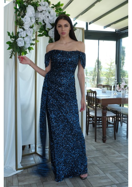 Lacivert Kadın Omzu Açık Payetli Yırtmaçlı Uzun Abiye Elbise 9705544.02 modelleri