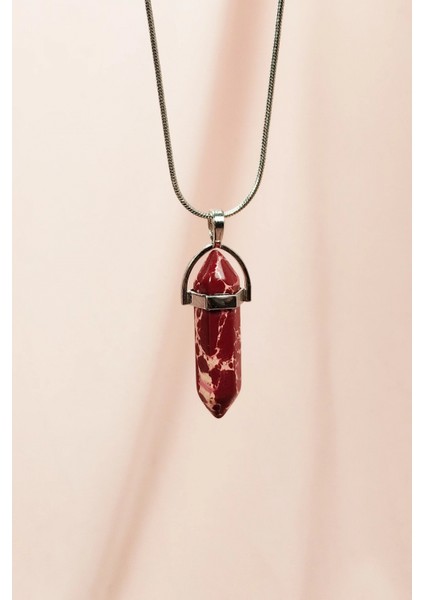 Rodokrozit Doğal Taşı Zincirli El Yapımı Tasarımlı Kolye Uç: 3,5 cm Zincir: 20 cm Kutulu