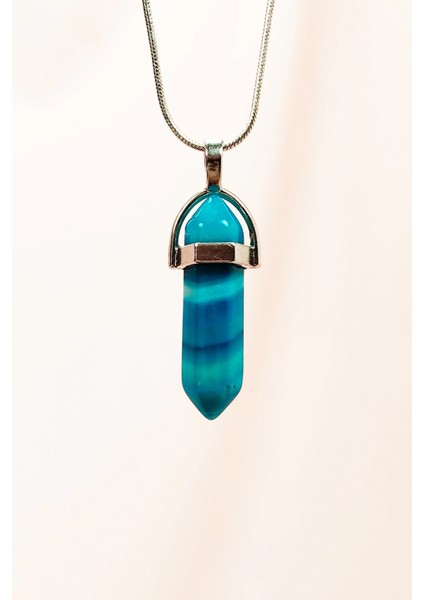 Mavi Akik Doğal Taşı Zincirli El Yapımı Tasarımlı Kolye Uç: 3,5 cm Zincir: 20 cm Kutulu