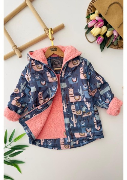 n Lama Desenli Kapüşonlu Kız Çocuk Kürklü kışlık mont - Lacivert