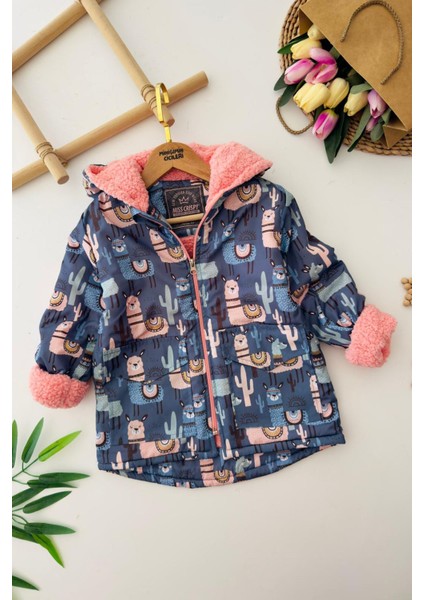 n Lama Desenli Kapüşonlu Kız Çocuk Kürklü kışlık mont - Lacivert fiyatları
