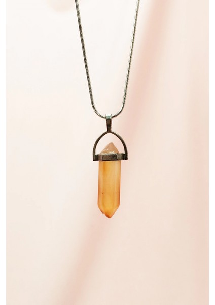 Kalsit Doğal Taşı Zincirli El Yapımı Tasarımlı Kolye Uç: 3,5 cm Zincir: 20 cm Kutulu