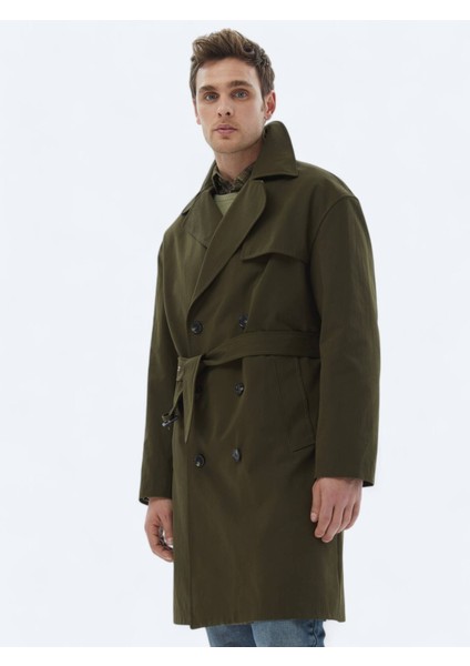 Haki Oversize Fit Kruvaze Yaka Casual Dokuma Pardesü