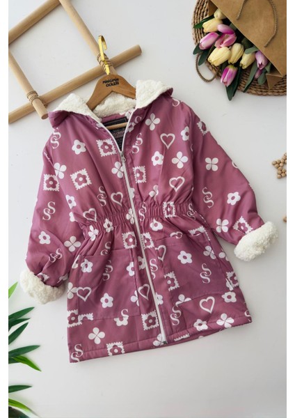 Ss Papatya Desenli Kız Çocuk Kürklü mont - Gül Kurusu