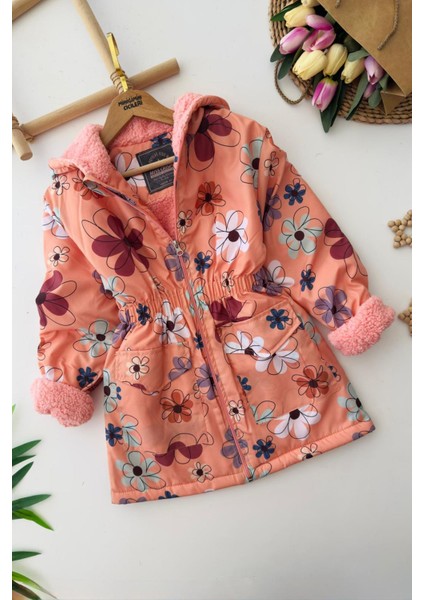 Çiçek Baskılı Içi Welsoft Kız Çocuk Mevsimlik mont - Turuncu