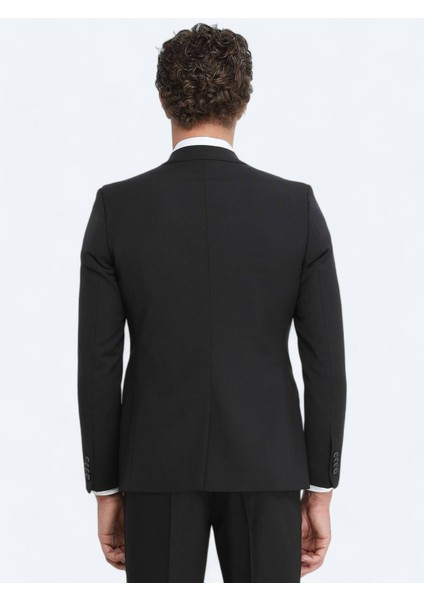 Siyah Düz Slim Fit Yün Karışımlı Takım Elbise