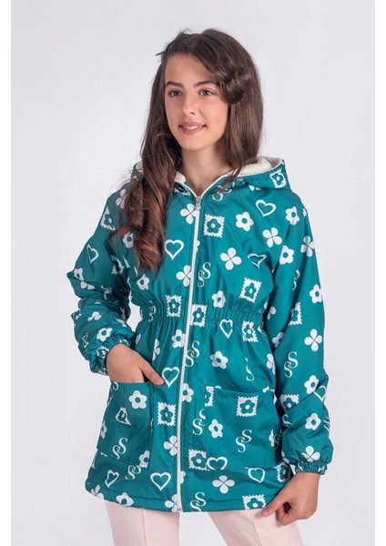 Ss Papatya Desenli Kız Çocuk Kürklü mont - Yeşil