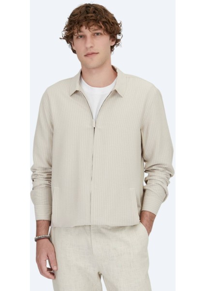 Bej Regular Fit Dokuma Overshırt