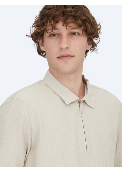 Bej Regular Fit Dokuma Overshırt modelleri