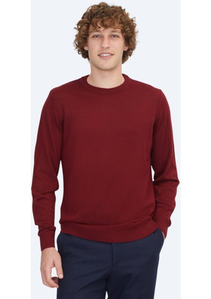 Kırmızı Bisiklet Yaka Düz Örgü Yün Karışımlı Triko Kazak