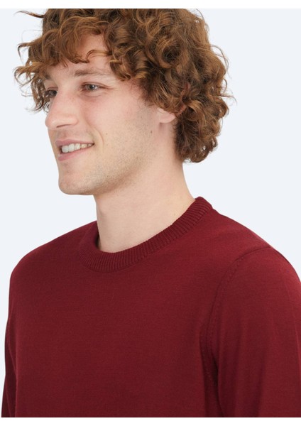 Kırmızı Bisiklet Yaka Düz Örgü Yün Karışımlı Triko Kazak