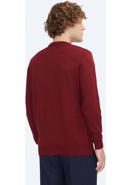 Kırmızı Bisiklet Yaka Düz Örgü Yün Karışımlı Triko Kazak