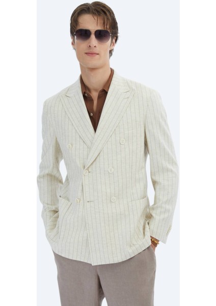 Bej Çizgili Modern Fit Keten Karışımlı Ceket