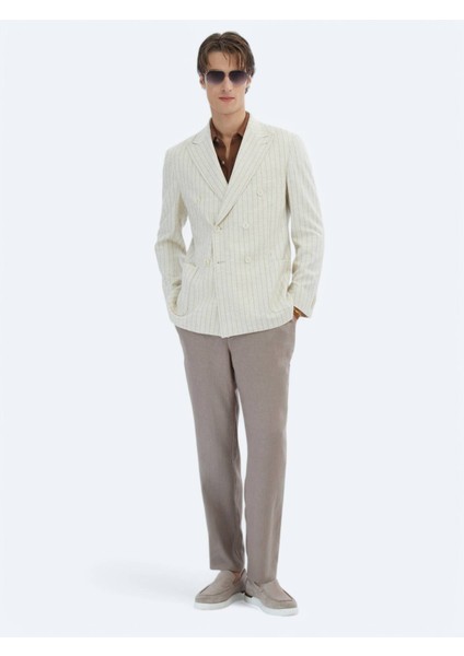 Bej Çizgili Modern Fit Keten Karışımlı Ceket fiyatları