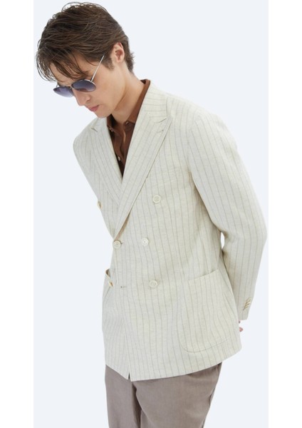 Bej Çizgili Modern Fit Keten Karışımlı Ceket modelleri