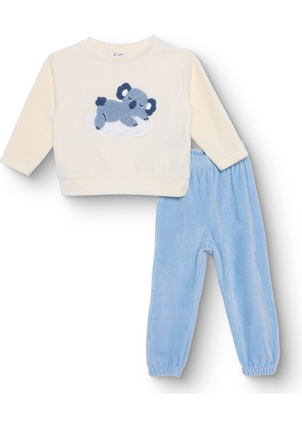 Erkek Bebek Kadife Pijama Takımı Bisiklet Yaka Uzun Kol Ribanalı Paça