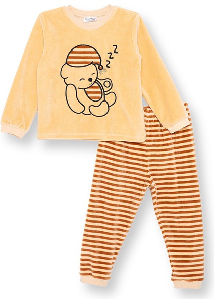 Erkek Bebek Kadife Pijama Takımı Bisiklet Yaka Uzun Kol Ribanalı Paça