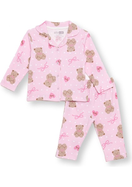 Kız Bebek Uzun Kol Pijama Takımı Interlok Düğmeli Bebe Yaka Reçme Paça