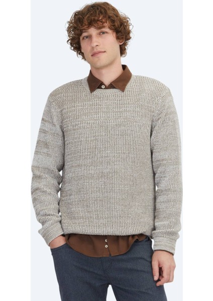 Vizon Bisiklet Yaka Desenli Pamuk Karışımlı Triko Kazak