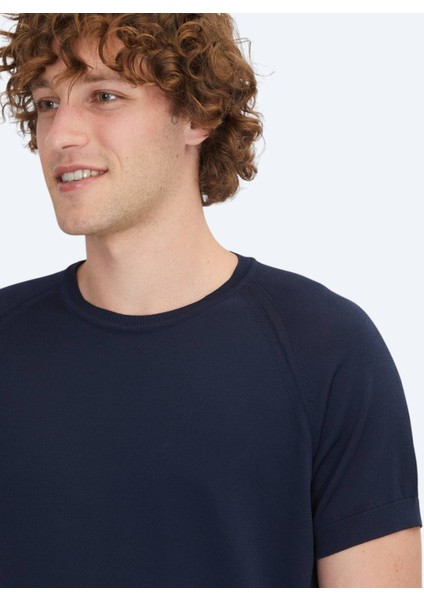 Lacivert Bisiklet Yaka Jakarlı Triko