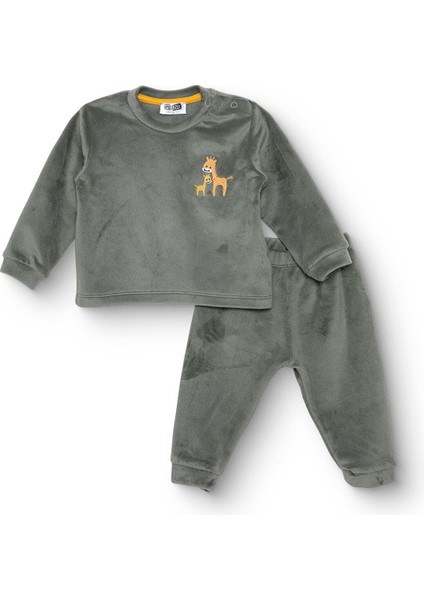 Erkek Bebek Kadife Pijama Takımı Çıtçıtlı Bisiklet Yaka Uzun Kol Ribanalı Paça