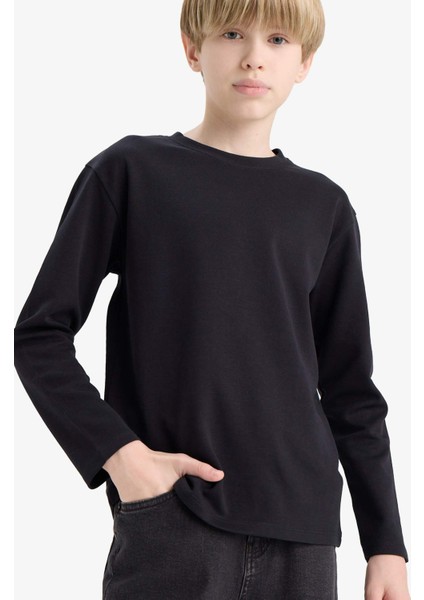 Erkek Çocuk Bisiklet Yaka Basic Düz Uzun Kollu Okul Tişörtü E9661A825AU