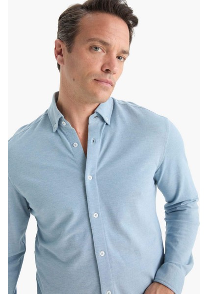 Regular Fit Polo Yaka Penye Uzun Kollu Gömlek E8067AX25AU