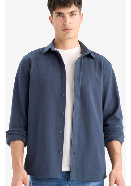 Regular Fit Polo Yaka Penye Uzun Kollu Gömlek E9023AX25WN