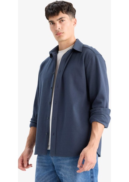 Regular Fit Polo Yaka Penye Uzun Kollu Gömlek E9023AX25WN fırsatları