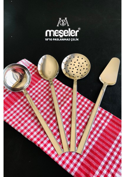 18*10 Paslanmaz Çelik Servis Seti 4 Parça ( Kepçe + Kevgir + Kaşık + Spatula )