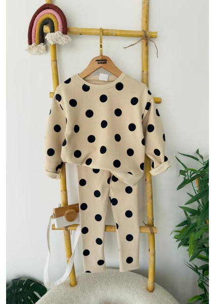 Puantiye Dataylı Taytlı Kız Çocuk takım - Bej