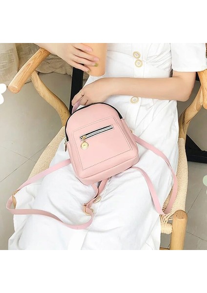 Pembe Kadın Sırt Çantası Fermuar Büyük Kapasiteli Pu Deri Moda Seyahat Cep Telefonu Açık Yürüyüş Düz Renk Çanta 2023 Yeni (Yurt Dışından)