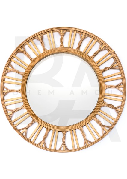 Yuvarlak Dalga Çizgi Desenli Bambu Rattan Ayna
