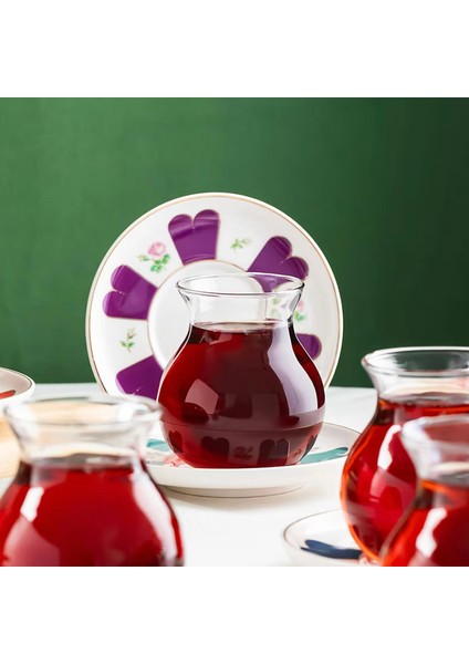 17900 Beyoğlu 12 Parça 6 Kişilik Çay Seti Borosilikat Cam Tombik Bardak ve Porselen Çay Tabağı Takımı 210 ml