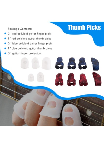Gitar Başlangıç ​​kiti 8 Adet Gitar Başparmak ve Parmak Seçmeleri (Metal ve Mavi Selüloit), 5 Adet Temiz Gitar Parmak Koruyucuları Içerir (Yurt Dışından) indirimleri