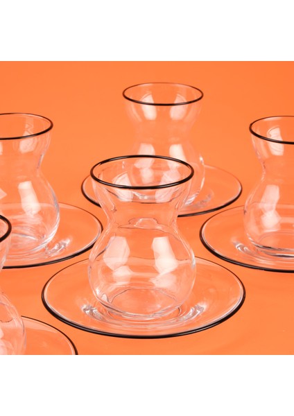 Pure Siyah Rimli 12 Parça Çay Bardak Takımı - Şeffaf / Siyah