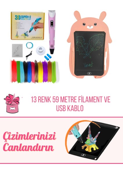 3D Kalem USB Kablolu PEMBE Üç Boyutlu Yazıcı Kalem ve PEMBE Tavşan Grafik Tablet Set - 59 Metre Filament