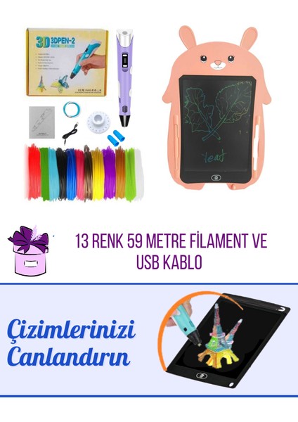 3D Kalem USB Kablolu MOR Üç Boyutlu Yazıcı Kalem ve PEMBE Tavşan Grafik Tablet Set - 59 Metre Filament