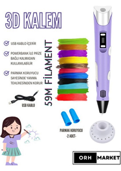 3D Kalem USB Kablolu Üç Boyutlu Yazıcı Kalem Printer-Mor (Çok Renkli Filament -59METRE-)