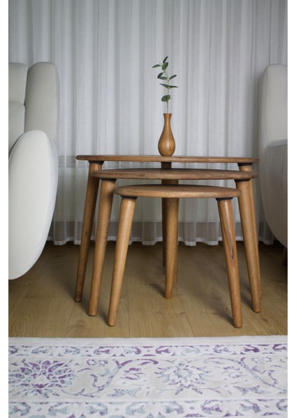 Kayın Masif Ahşap 3'lü Zigon Sehpa Seti, Yuvarlak Modern Tasarım, Doğal Ahşap Sehpa Takımı , 3 lü Şamdan Set hediye