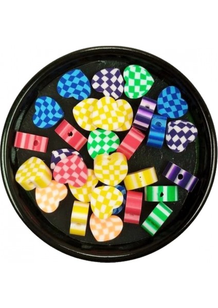 90 Adet 10 mm Polimer Kil Fimo Boncuk Takı Bileklik + 5 Metre Lastikli Misina Hediye - Desenli Kalp modelleri