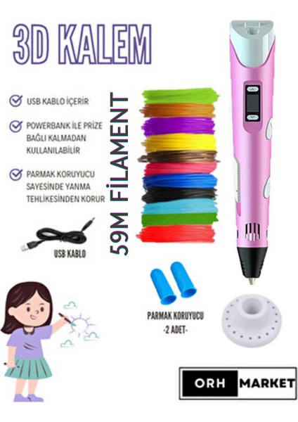 3D Kalem USB Kablolu Üç Boyutlu Yazıcı Kalem Printer-Pembe (Çok Renkli Filament -59METRE-)
