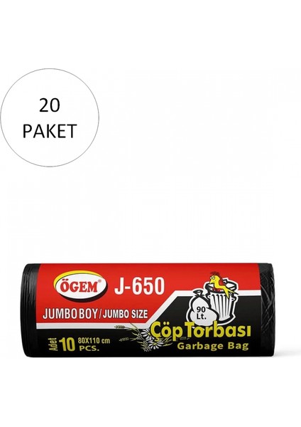 J-500 Jumbo Boy Çöp Torbası 80 x 110 cm 10 Lu Rulo x 20 Paket = 200 Adet (Siyah)