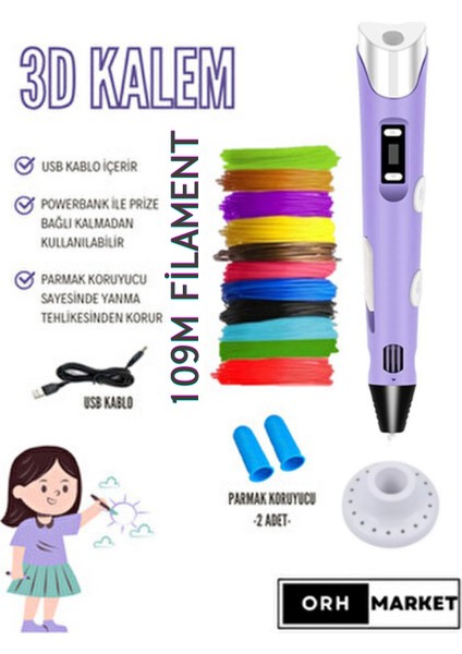 3D Kalem USB Kablolu Üç Boyutlu Yazıcı Kalem Printer-Mor (Çok Renkli Filament -109METRE-)