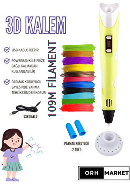 3D Kalem USB Kablolu Üç Boyutlu Yazıcı Kalem Printer-Sarı (Çok Renkli Filament -109METRE-)