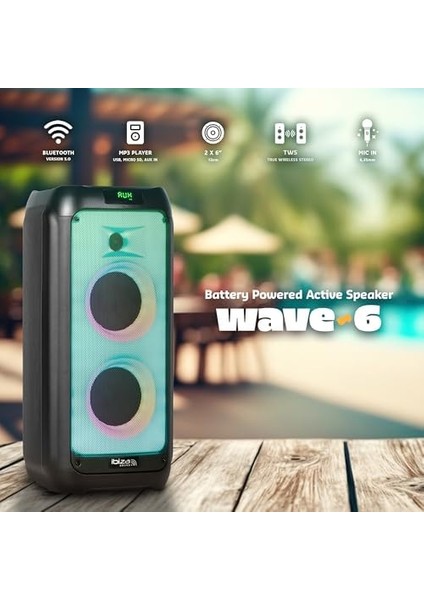 - W6-2 Adet 5,25 Inç (13 Cm) Hoparlör, 250W, Pilli, Bluetooth, USB ve Microsd - W LED Efekti, Tws Kablosuz Bağlantı - Siyah fiyatları