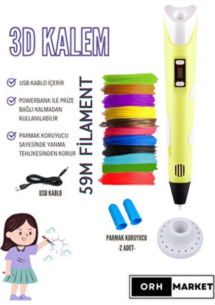 3D Kalem USB Kablolu Üç Boyutlu Yazıcı Kalem Printer-Sarı (Çok Renkli Filament -59METRE-)