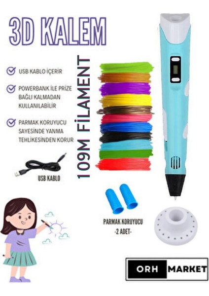 - 3D Kalem USB Kablolu Üç Boyutlu Yazıcı Kalem Printer-Mavi (Çok Renkli -109METRE-)