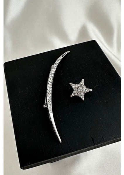 Gümüş Renk İkili Taşlı Ay-Yıldız Broş 9 cm Kadınlar İçin Zarif Metal Aksesuar fiyatları