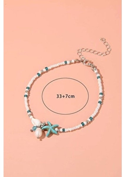 Kadın Halhal Aksesuar Çok Renkli Doğal Boncuklar ve Deniz Yıldızı Motifi